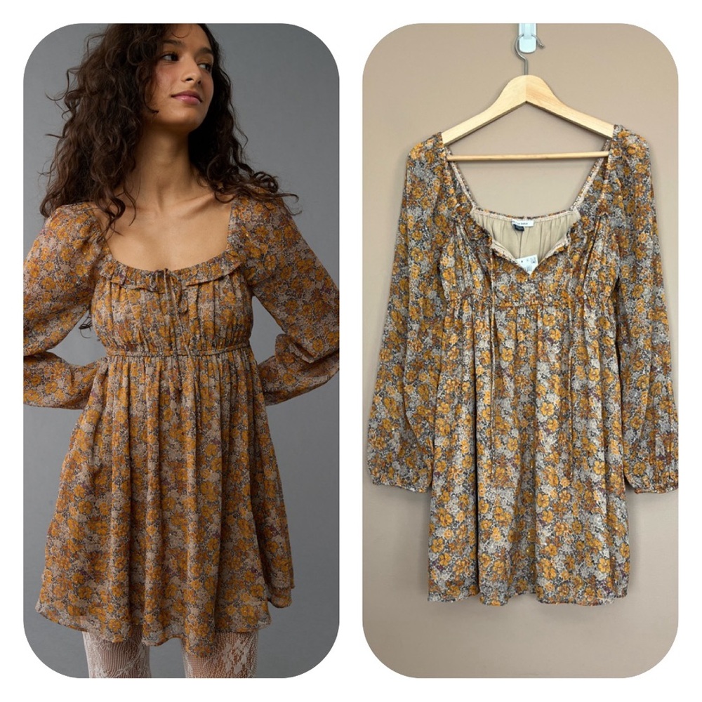 {American Eagle} Long Sleeve Chiffon Floral Babydoll Mini Dress - Medium - NWT